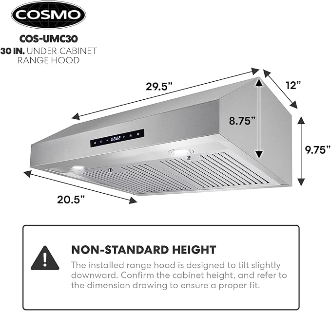 COSMO UMC30 30 in. Haven Collection 380 CFM Ducted Under Cabinet Range Hood, LED Lights, Touch Controls, Stainless Steel