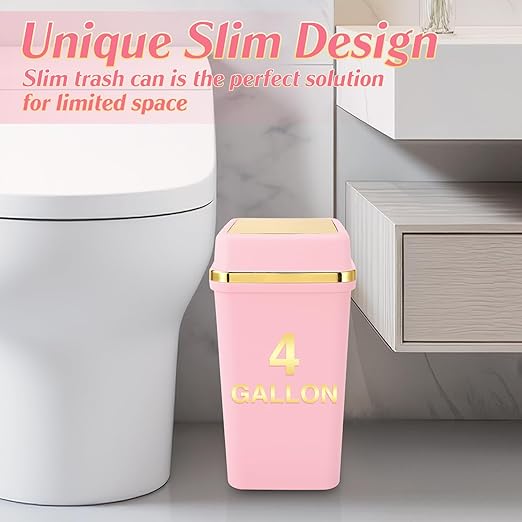 Bathroom Trash Can with Lid 4 Gallon Pink Trash Can Bedroom Trash Can Small Garbage Can with 150 Counts Trash Bags for Small Bathroom Bedroom Office