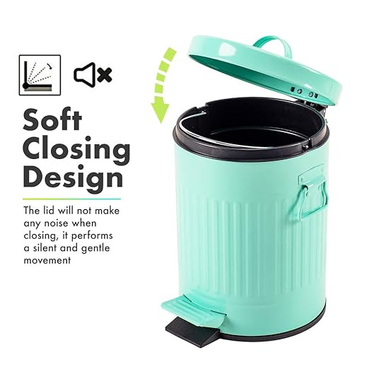 Bathroom Trash Can with Lid, Small Waste Basket for Home Bedroom, Retro Step Garbage Can with Soft Close, Vintage Office Trash Can, 5 Liter/ 1.3 Gallon, Glossy Mint Green
