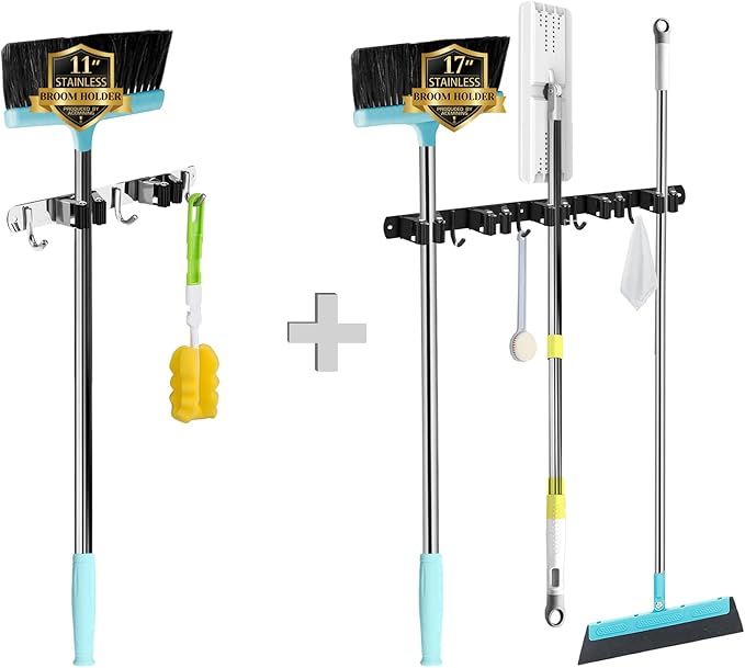 2 Racks and 3 Hooks & Black 5 Racks and 4 Hooks Broom and Mop Holder Wall Mounted Garage Organizer Storage Tool Racks Stainless Steel Heavy Duty Hooks Self Adhesive Solid Non-slip Wall Hangers