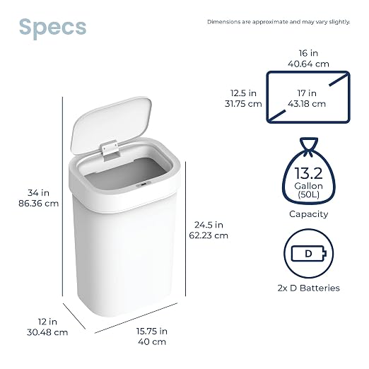 Versen 13.2 Gallons / 50 Liters Automatic Touchless Motion Sensor Rectangular Trash Can for Home and Kitchen with Slow Close Lid, White Plastic