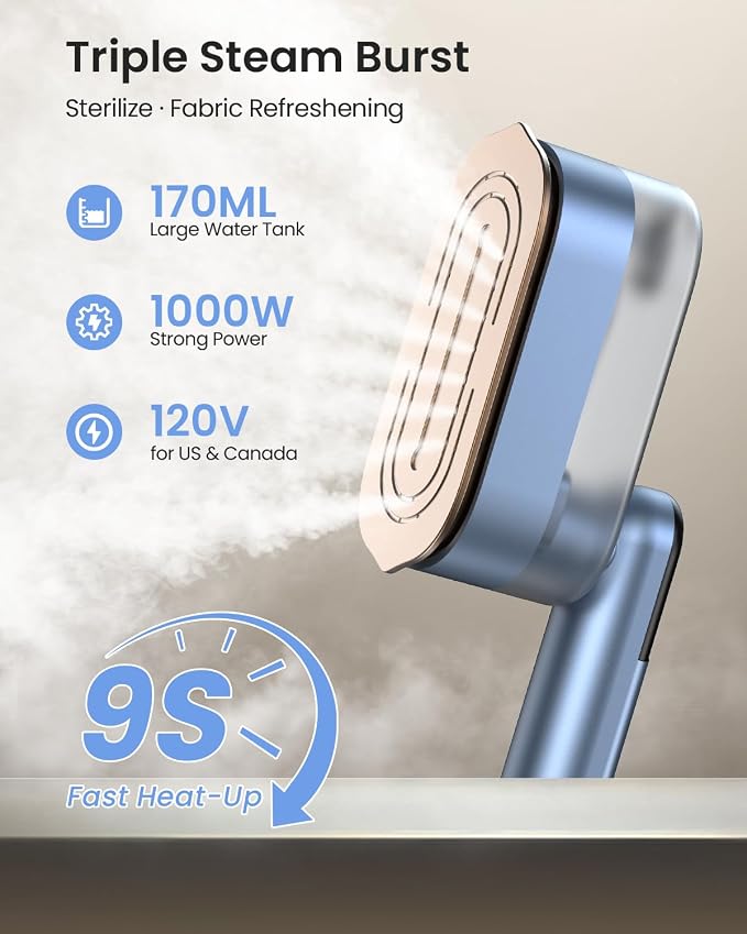 LOXP 2-in-1 Steamer Iron for Clothes, 1000W Travel Steamer with Ceramic Soleplate, 9s Fast Heat-Up, Leak-Proof 170mL Tank, Self-Clean, Portable Wrinkle Remover for Home & Travel, 120V, Blue