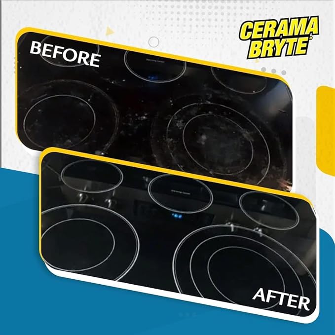 Cerama Bryte Complete Cooktop Cleaning Kit, 10 Cleaner Pads, 1 POW-R Grip Tool, 1 Scraper, and 1 Microfiber Cloth, 28 Fl Oz
