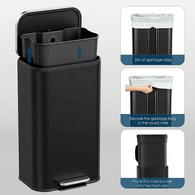 8 Gal/13.2 Gal Stainless Steel Kitchen Trash Can, Step Garbage Can with Soft-Close Lid & Removable Inner Bucket, Fingerprint-Proof Waste Bin with Wide Non-Slip Pedal for Home Office Bathroom
