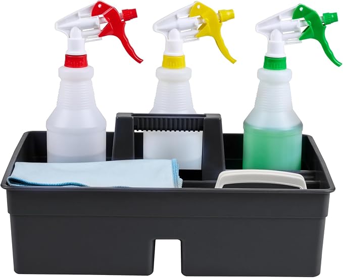 Restaurantware-RW Clean 15.9 x 10.6 x 6.9 Inch Cleaning Caddy, 1 Triple Compartment Cleaning Supply Caddy - With Handle, Crack-Resistant, Black Plastic Cleaning Basket, For Cleaning Supplies,