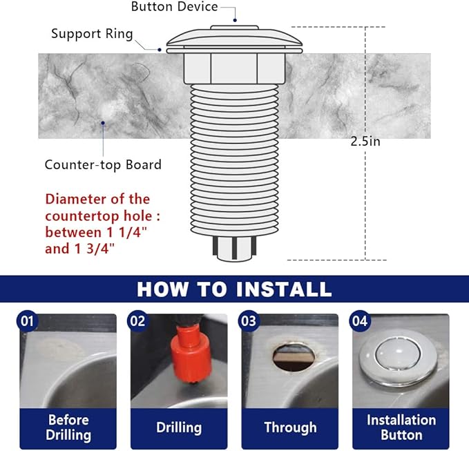 Garbage Disposal Switch, Cordless Air On Off Kit for Food Waste Disposer, Stainless Steel Brushed Nickel, LONG 3.5" Sink Top Push Button by CLEESINK