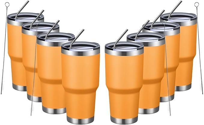 MEWAY 30oz Insulated Tumbler With Lids and Straws,Stainless Steel Double Vacuum Coffee Tumbler Cup, Brush, Durable Powder Coated Coffee Cup for Cold & Hot Drinks, Office, Travel(Orange,8 PACK)