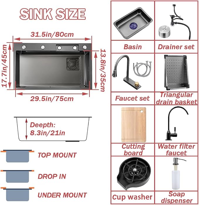 Dark Grey Single Bowl Stainless Steel Waterfall Kitchen Sink with Utility Hot & Cold Pull-Out Faucet,Knob Control Workstation Sink With Cup Washer,Drainage Basket (31.5 * 17.7 * 8.3in)
