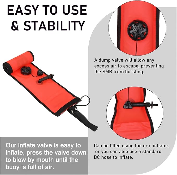 6FT Surface Marker Buoy (SMB), High Visibility Scuba Diving Surface Marker Signal Tube with Reflective Strip for Underwater Scuba Diving Underwater Sports