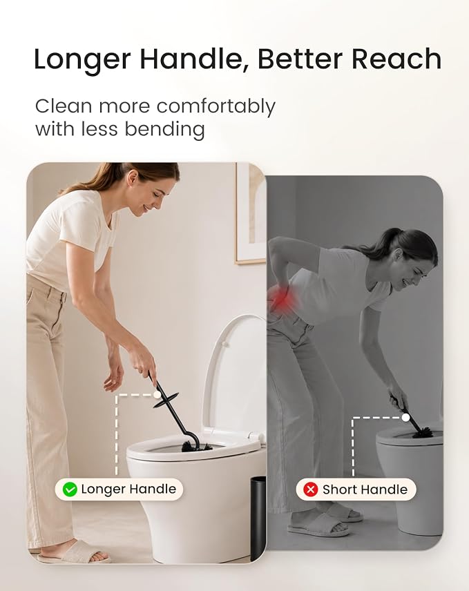 Cesun Toilet Brush and Holder Set with 2 Brush Heads, Curved Toilet Bowl Brush for Under Rim Cleaning, 304 Stainless Steel Holder, Long Handle Toilet Scrubber, Black
