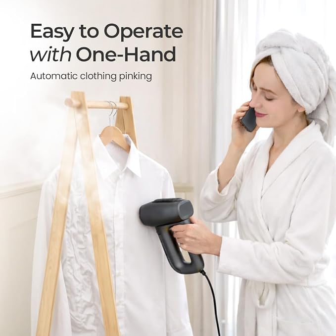 HubiCare Vacuum Garment Steamer, 2.5m Extra-Long Cord, Fabric-Grip Suction with Higher-Output Steam, Handheld Steamer for Clothes, 110–120V, Lightweight, Metallic Black