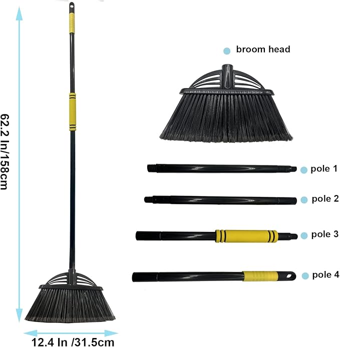 Four-Section Rod Long-Handled Broom,Heavy-Duty Broom, Angle Broom for Outdoor/Indoor（Black+Yellow）