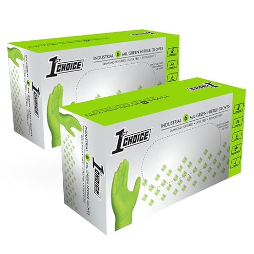 1st Choice 6 mil Green Gloves, Disposable, Latex Free, Raised Diamond Grip, Mechanic Glove for Men, XXLarge, 2 Boxes of 100