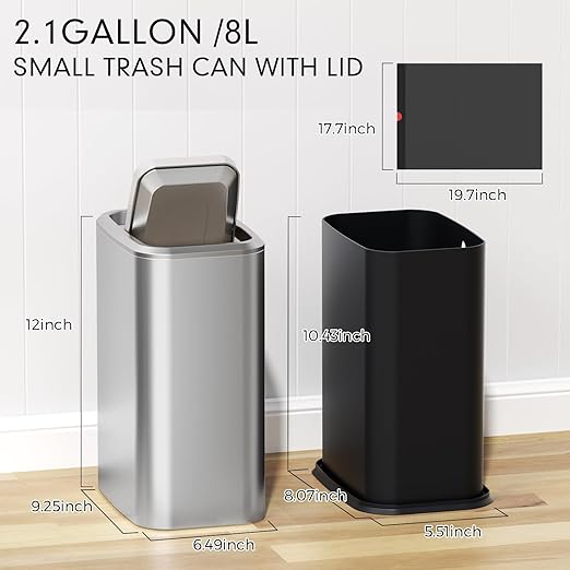 Bathroom Trash Can with Lid 8L/2.1 Gallon Silver Trash Can Small Garbage Can with Swing Top Lid Slim Stainless Steel Garbage Can with 100 Counts Trash Bags for Bathroom Bedroom Kitchen Office Toilet