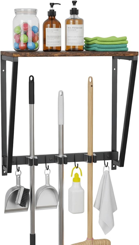 Broom Holder Wall Mount with 3 Storage Slots & 4 Utility Hooks, Rustic Wood All-in-One Mop Hanger, Cleaning Supplies Organizer and Tool Storage Rack for Laundry Room, Kitchen, Garage, Garden, Closet