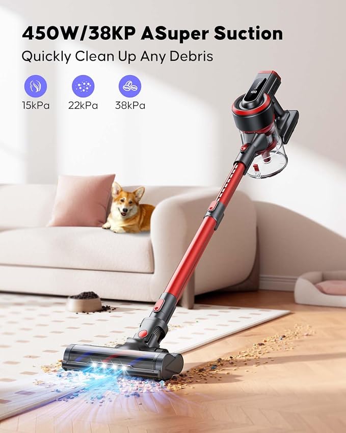 WLUPEL Cordless Vacuum Cleaner, 450W/38Kpa Vacuum Cleaners for Home with LED Screen, Up to 55 Mins Runtime, 1.2L Dust Cup, Anti-Tangle Stick Vacuum for Pet Hair Carpet and Hardfloor