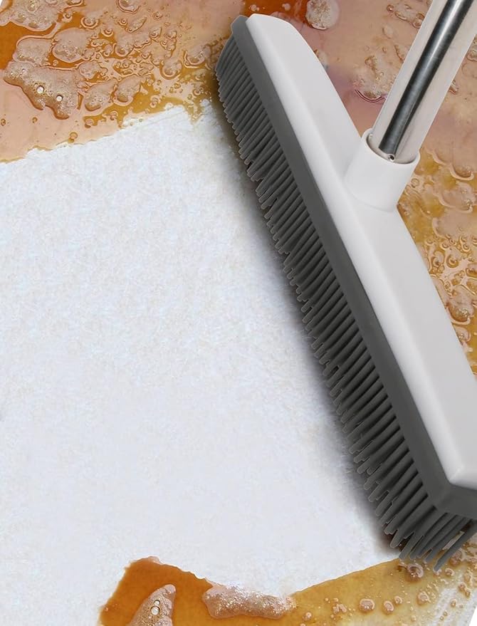 Pet Hair Rubber Broom with Squeegee for Carpet,Fur Remover Broom Carpet Rake for Pet Hair Removal, with 50" Long Handle, Dual-Sided for Hardwood Floor, Tile,Portable Detailing Lint Brush White
