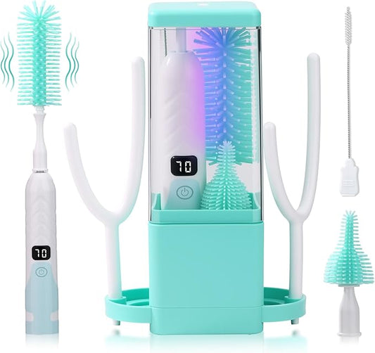 Electric Bottle Brush Cleaner with Drying Rack & LED Display, Rechargeable Baby Bottle Cleaning Kit, 360° Automatic Bottle Washer for Travel & Home, Silicone Spin Brush Set for New Parents, Green
