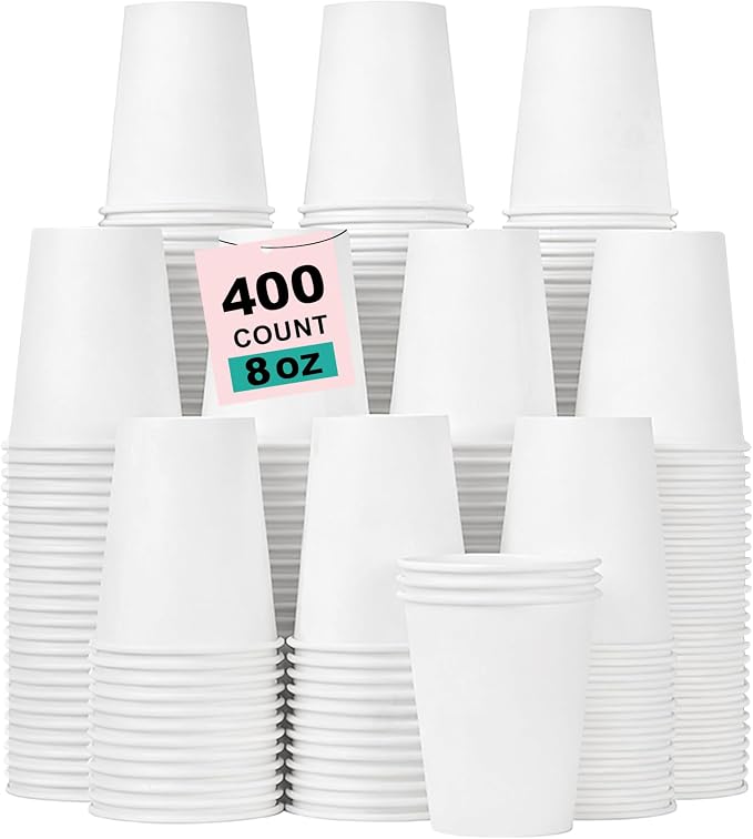 8 oz 400 Pack Disposable Coffee Cups, Bulk White Disposable Paper Cups, Coffee Cups for Hot Tea, Chocolate and Cold Drinks