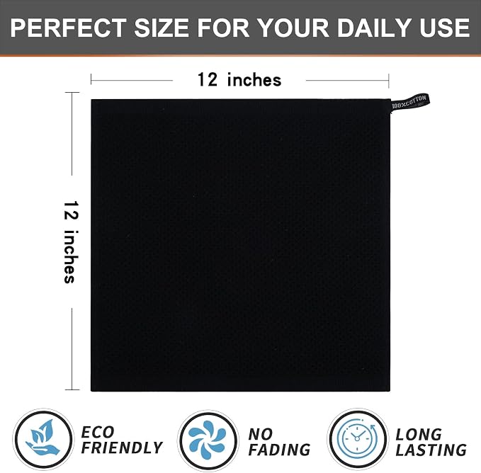 Kitinjoy 100% Cotton Kitchen Dish Cloths (12 X 12 Inches, Black), 8 Pack Waffle Weave Ultra Soft Absorbent Dish Towels for Drying Dishes Quick Drying Kitchen Towels Dish Rags