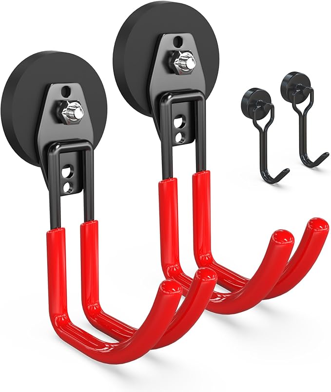 3-H Extra Strong Magnetic Hooks,Heavy Duty Large Anti-Slip Magnet Hooks J Shape,No-Drill Tool Holder for Garage,Power Drill,Garden Tools,Hose Storage,2 Pack Red
