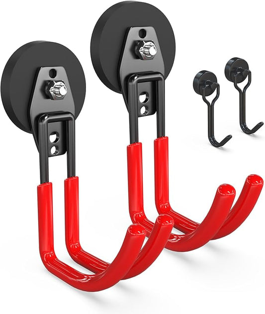 3-H Extra Strong Magnetic Hooks,Heavy Duty Large Anti-Slip Magnet Hooks J Shape,No-Drill Tool Holder for Garage,Power Drill,Garden Tools,Hose Storage,2 Pack Red