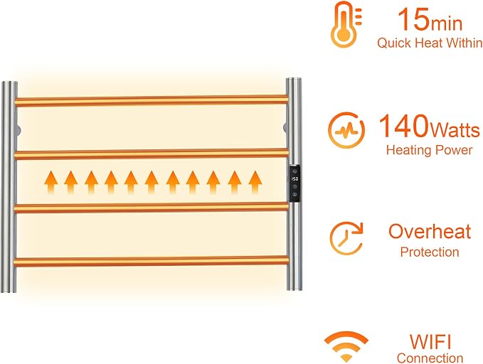 Electric Towel Rack with Voice Control for Alexa & Google Home,TUYA - Wall-Mounted Bathroom Heating Towel Warmer,Plug-in,Stainless Steel Material,16.54x23.62x5.51 in,Brushed，4 Bars