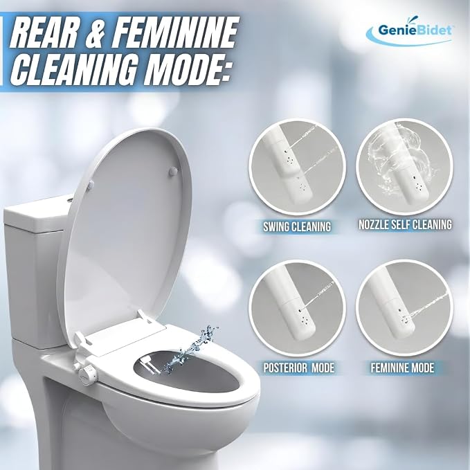 GenieBidet Right Side Bidet Toilet Seat Round - Round Bidet Toilet Seat with Adjustable Self-Cleaning Nozzles, Attachment, T Adapter & Bottle - Non Electric Bidet Seat
