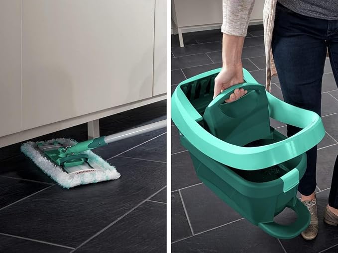 Leifheit Floor Cleaning Profi XL Mop and Bucket Set – 42 cm Microfibre Mop for Large Floors with 360° Joint, Foot-Pedal Wringing System, Heavy Duty 8 L Bucket, Easy Moist or Wet Cleaning, Turquoise