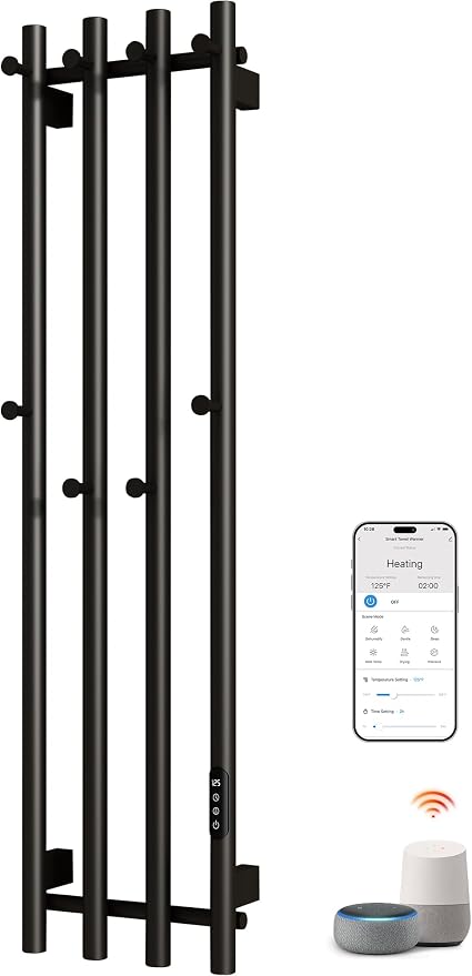 ENZE Smart Heated Towel Rack, Wall Mounted Electric Towel Warmer 300W for Bathroom, WiFi App Control & LED Touch Screen, Adjustable Temp & 24H Timer, Vertical Model, IPX5, Plug-in/Hardwired, Black