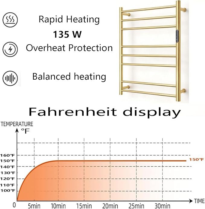 Luxury 8 Bars Towel Warmer Wall Mount Electric Plug-in/Hardwired Heated Towel Rack, Heated Towel Drying Rack with Timer & Temperature Multi-Level Adjustable (Brushed Gold, 8 Bars)