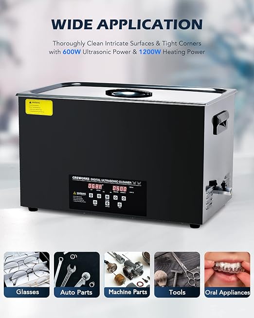 CREWORKS 30L Digital Ultrasonic Cleaning Machine with Degas and Gentle Mode, 600W Ultrasonic Cleaner Machine with Heater and Timer, 7.9 gal Ultrasound Cleaner for Retainer Watch Auto Tool Machine Part