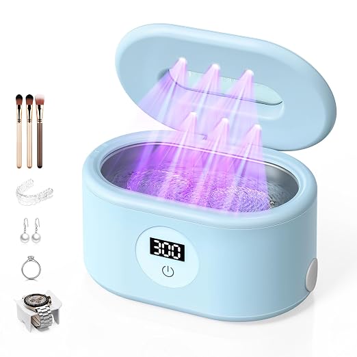 Ultrasonic Cleaner, 48KHz Ultrasonic Jewelry Cleaner with 20oz 304 Stainless Steel Tank, Dual Modes & LED Display - for Jewelry, Eyeglasses, Watches, Dentures, Retainers & More-Light Blue