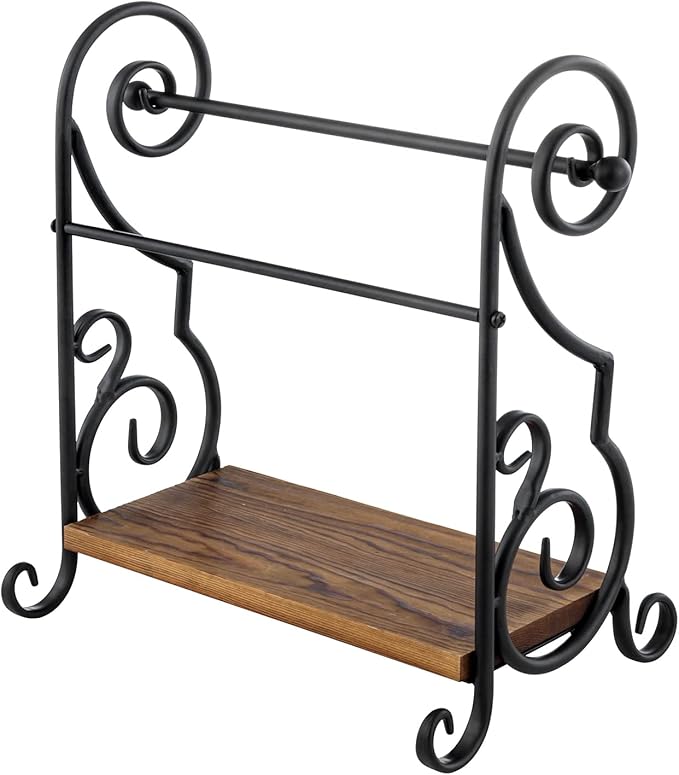 MyGift Black Metal Countertop Paper Towel Holder with Rustic Solid Burnt Wood Storage Shelf and Scrollwork Design, Easy Refill Single Roll Holder
