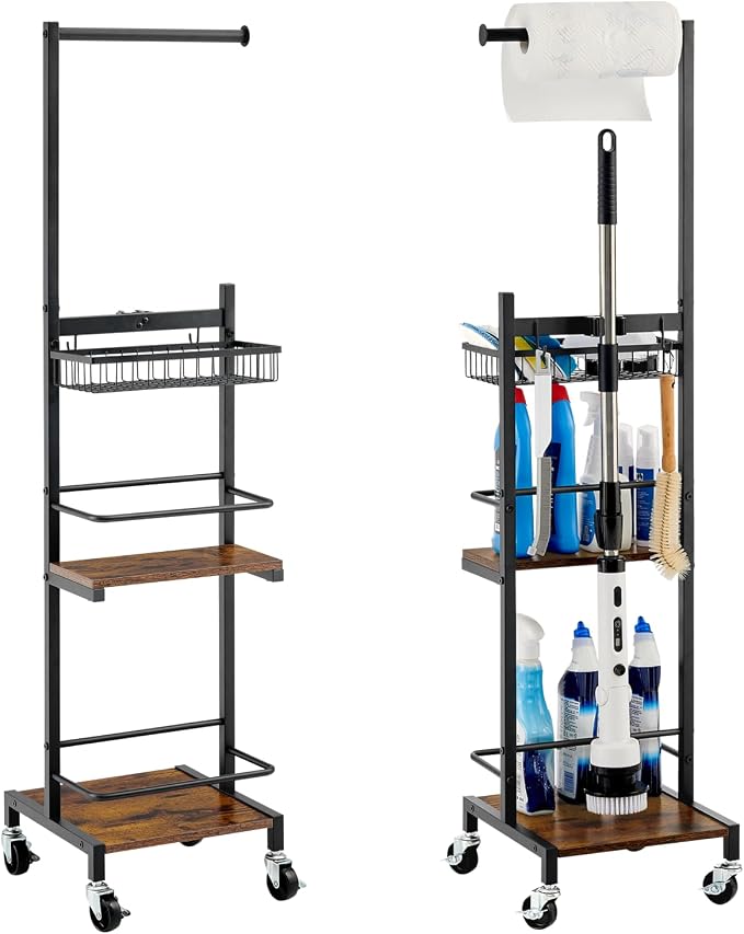 Cleaning Supplies Organizer, Shower Scrubber Cleaning Cart for Electric Spin Scrubber, Brush Heads, Cleaning Caddy with Wheels for Kitchen Laundry Room Organization(Black)