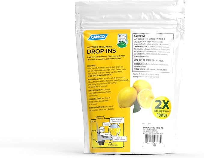 Camco TST MAX RV Toilet Treatment Drop-INs - Control Unwanted Odors & Break Down Waste and Tissue - Safe Septic Tank Treatment - Lemon Scent, 15-Pack (41570)