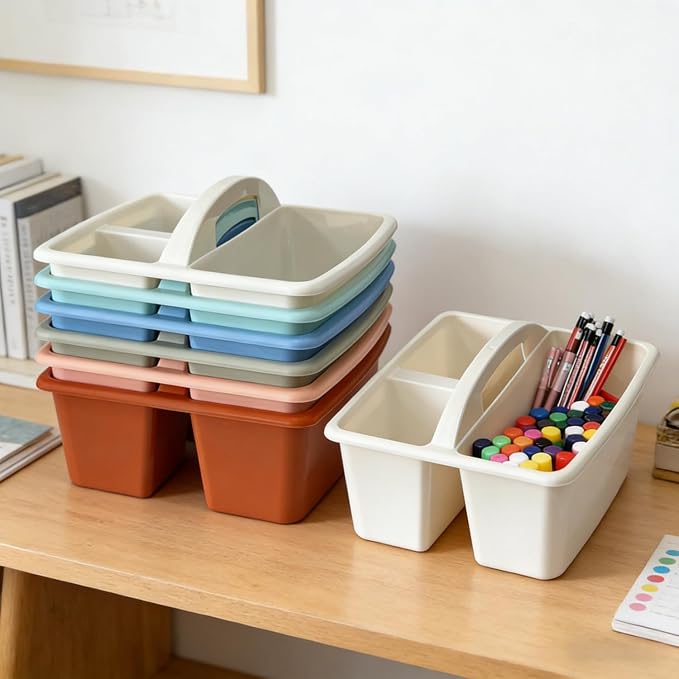 RAUVOLFIA Set of 6 Classroom Caddy, Small Plastic Storage Caddy with Handle for Classrooms, Home and Office Organization, 3 Compartment (Boho)