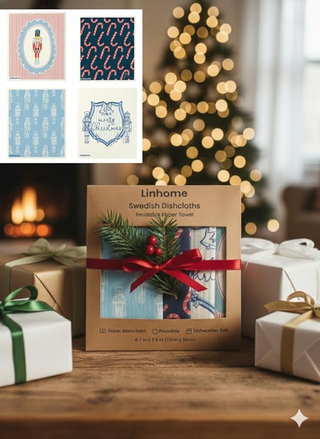 Christmas Holiday Swedish Dishcloth, Reusable Paper Towel, Super Absorbent Cellulose Sponge, Washable Kitchen Cleaning Cloth (Holiday Nutcrackers - 4 Pack)