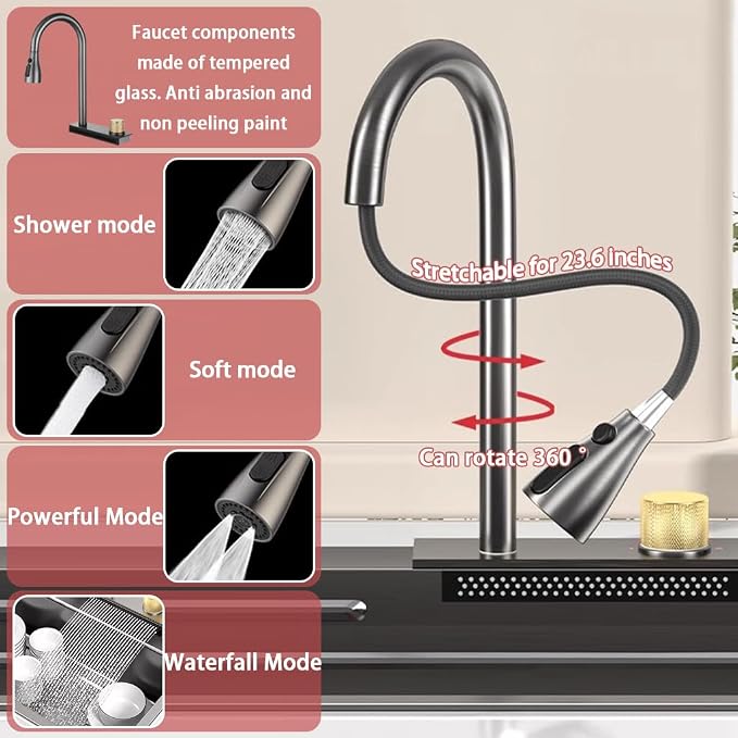 Dark Grey Single Bowl Stainless Steel Waterfall Kitchen Sink with Utility Hot & Cold Pull-Out Faucet,Knob Control Workstation Sink With Cup Washer,Drainage Basket (29.5 * 17.7 * 8.3in)