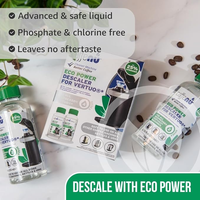 Nespresso Compatible Descaling and Cleaning Kit. 2 Bottles of Nespresso Vertuo Descaler Solution. 4 Cleaning Pods