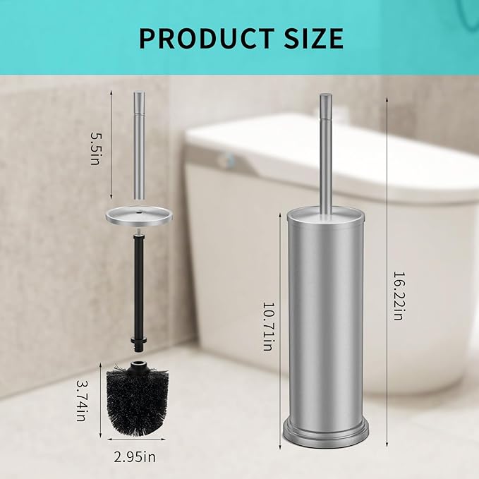 Brushed Nickel Toilet Brush and Holder Set,304 Stainless Steel Toilet Brush for Bathroom with Long Handle, Heavy Duty Toilet Bowl Brush,Removable Inner Bowl and Splash Protection,Deep Cleaning