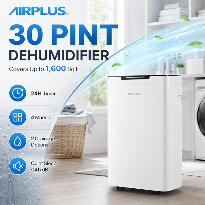 AIRPLUS 1600 Sq Ft Dehumidifier for Home and Basement, 30 Pint Portable Dehumidifiers with Drain Hose for Large Room, Quiet Sleep Mode Dehumidifier for Bedroom, RV De humidifier for Inside Camper
