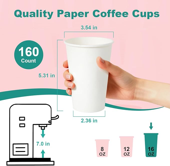 16 oz 160 Pack Disposable Coffee Cups, Bulk White Disposable Paper Cups, Coffee Cups for Hot Tea, Chocolate and Cold Drinks