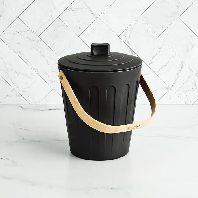 Martha Stewart Indoor Compost Bin Starter Bundle | Countertop Composting Bucket for Kitchen | .7 Gallon Capacity | Includes 6 Filters and Silicone Liner Bag | Plant Based Materials | Charcoal Black