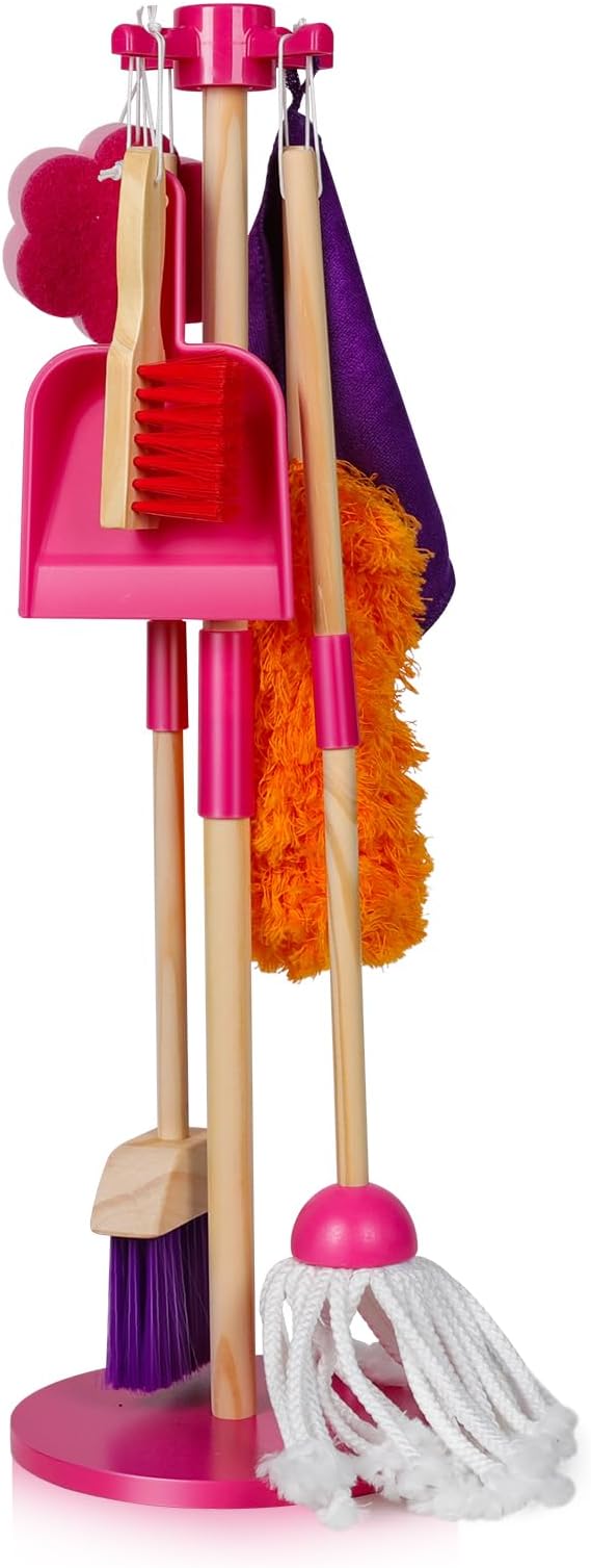 Masthome Wooden Kids Cleaning Set, 8 Pcs Toddler Housekeeping Pretend Play Toys, Broom Mop Dustpan Duster Cleaning Tools with Storage Stand, Educational Life Skill Play Kit for Boys GirlsAges 3+