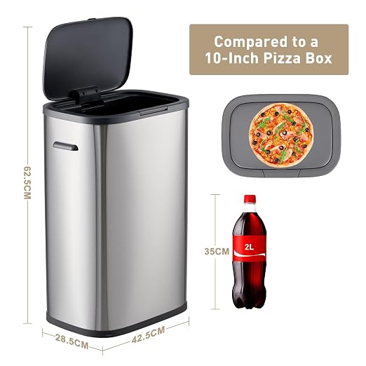 Fashionwu 55L/14.5 Gallon Kitchen Trash Can, Stainless Steel Trash Can with Lid, Anti-Fingerprint Soft-Close Lid Silent, Suitable for Kitchen, Office, Bedroom, Living Room (Gray, Press Top Lid)