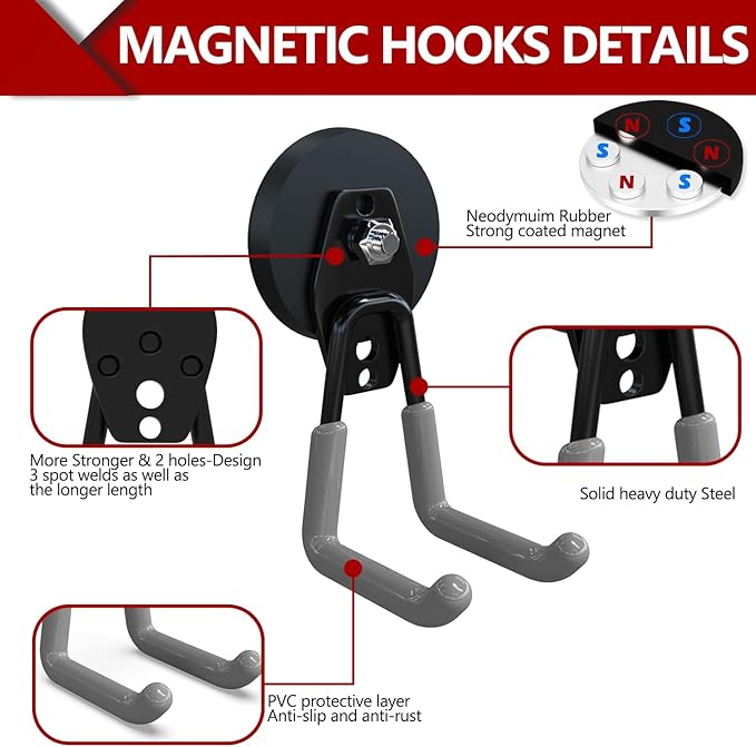 3-H Extra Strong Magnetic Hooks,Heavy Duty Large Anti-Slip Magnet Hooks,No-Drill Tool Holder for Garage,Power Drill,Garden Tools,Hose Storage,2 Pack Gray