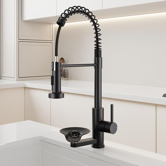 Kitchen Sink Pull Down Faucet with Cup Washer Single Handle Commercial Industrial Pull Out Spring Faucets with Glass Rinser fit 1 or 3 Hole for Farmhouse Camper Laundry Utility RV Wet Bar Matte Black