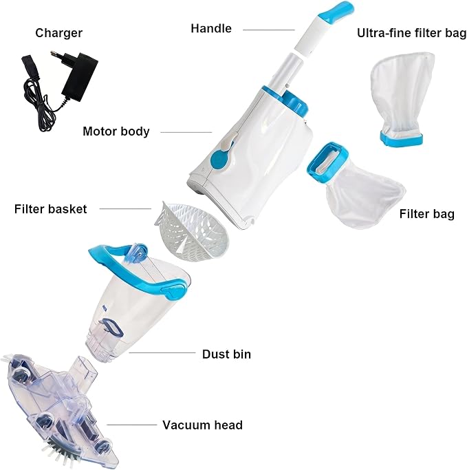 Handheld Pool Vacuum Cleaner, Rechargeable Pool Bottom Cleaner with Strong Suction, 1 H Runtime,for Above Ground/Inground Pools, Spas and Hot Tubs, White