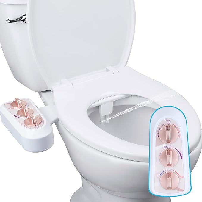 Hibbent Bidet Attachment for Toilet with Self Cleaning Dual Nozzle, Hot and Cold Water Spray Non-Electric Mechanical Toilet Seat Bidet for Rear or Female Washing Sanitizing, Rose Gold